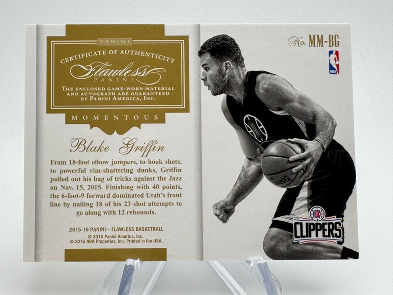 2015-16 Flawless BLAKE GRIFFIN Sapphire Momentous Materials Patch Auto /10 #MMBG view 2