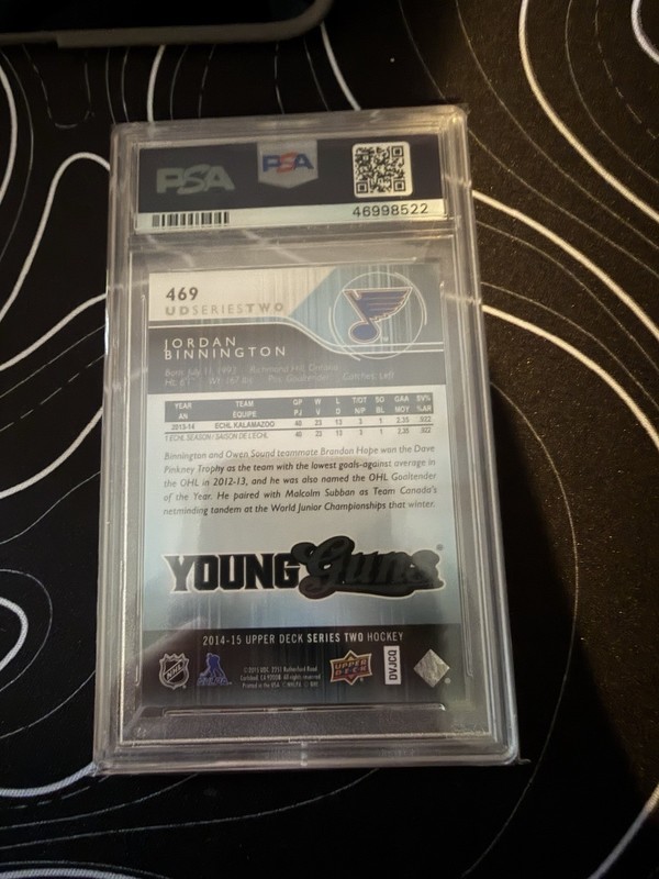 2014 Upper Deck Jordan Binnington Young Guns 469 Rookie PSA 10 St Louis Blues RC view 2
