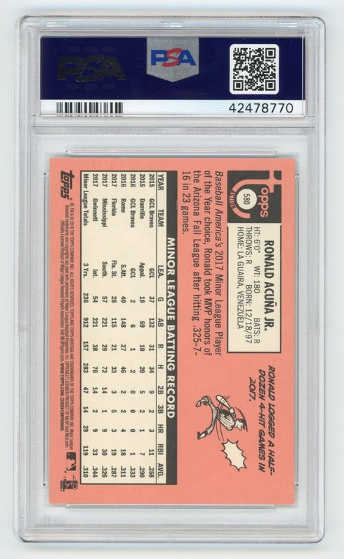 2018 TOPPS HERITAGE #580 RONALD ACUNA JR. ACTION VARIATION RC PSA 10 ROOKIE SP view 2