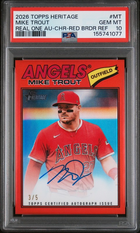 2026 TOPPS HERITAGE REAL ONE AUTO RED BORDER REFRACTOR MIKE TROUT 3/5 PSA 10