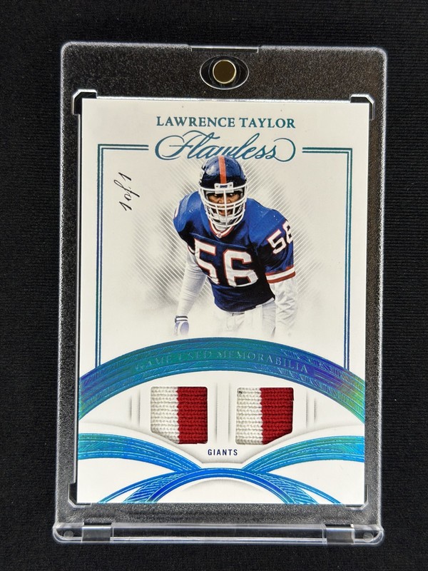 LAWRENCE TAYLOR 2025 Panini Flawless #GUM-LTR Platinum Game Used Dual Patch 1/1