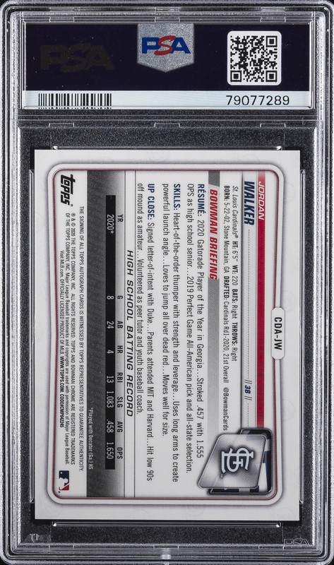 2020 BOWMAN DRAFT CHROME DRAFT PICKS AUTOS #CDAJW JORDAN WALKER PSA 10 AUTO view 2