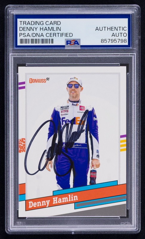 Denny Hamlin Signed 2024 Donruss Card #136 (PSA) NASCAR Auto Retro 1991 view 1
