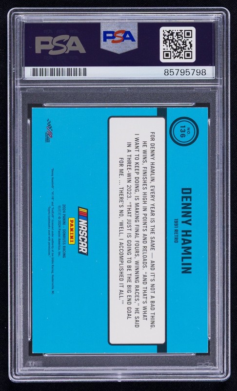 Denny Hamlin Signed 2024 Donruss Card #136 (PSA) NASCAR Auto Retro 1991 view 2