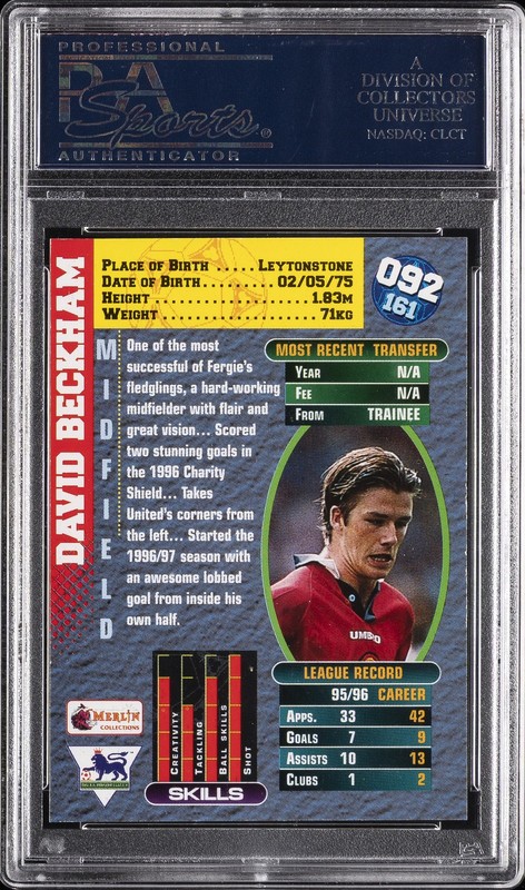 1996 MERLIN'S PREMIER GOLD #92 DAVID BECKHAM PSA 10 view 2
