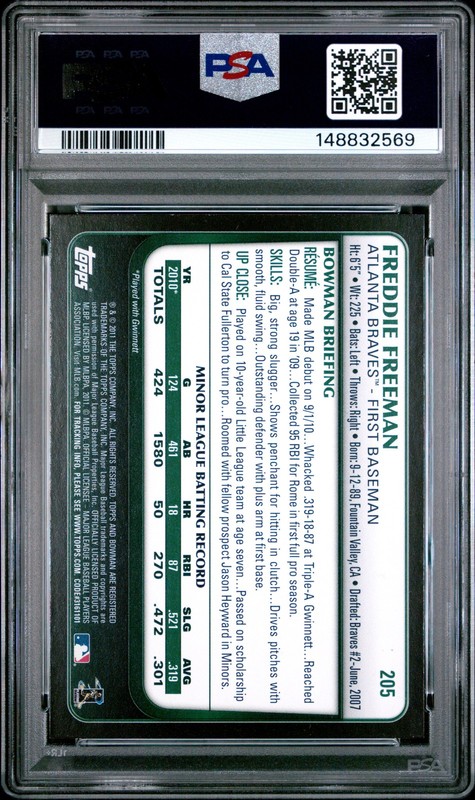 2011 BOWMAN GOLD #205 FREDDIE FREEMAN ROOKIE RC PSA 9 view 2