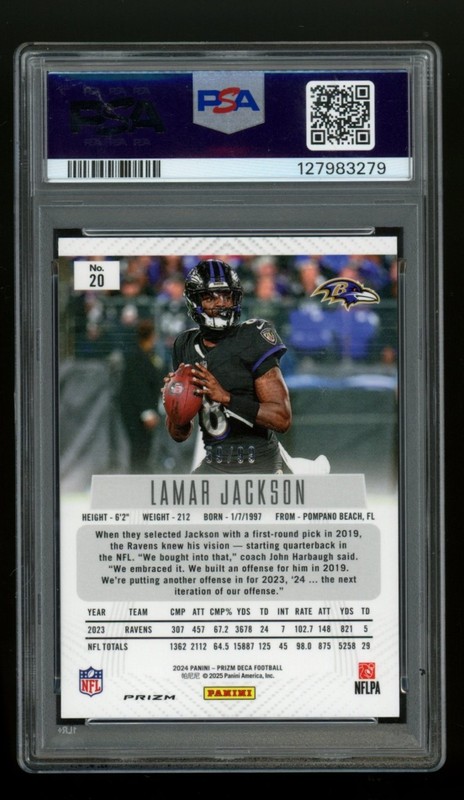 PSA 9 2024 Panini Prizm Deca #20 Lamar Jackson Purple /99 view 2
