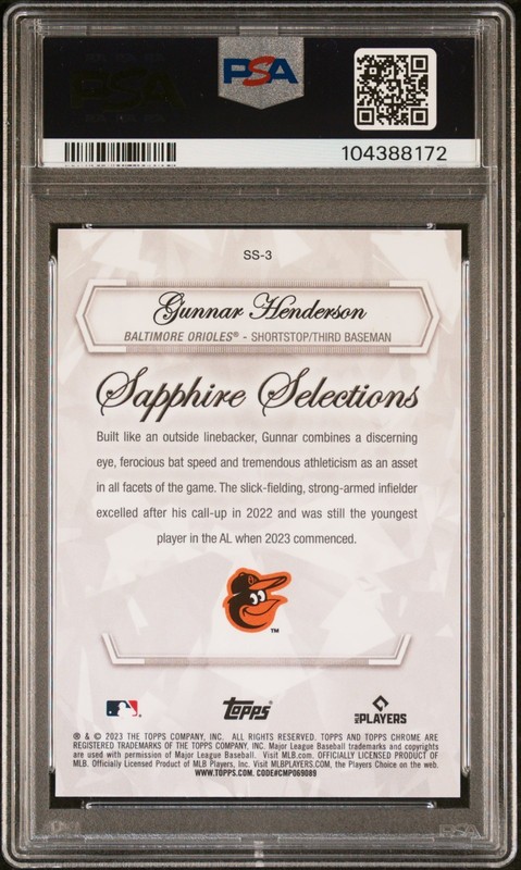 2023 Topps Chrome Gunnar Henderson Sapphire Selections RC Gold #/50 PSA 10 GEM view 2
