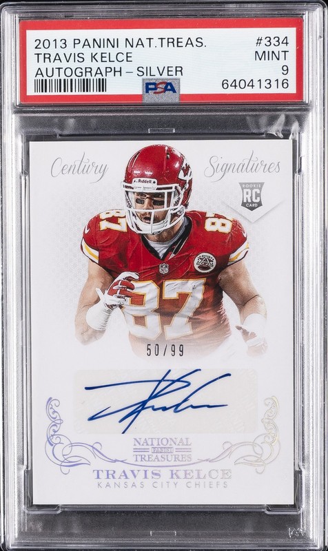 2013 NATIONAL TREASURES AUTO-SILVER #334 TRAVIS KELCE ROOKIE RC /99 PSA 9