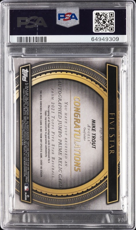 TOPPS FIVE STAR AUTOGRAPHED JUMBO PRIME RELICS MIKE TROUT 6/25 PSA 10 AUTO 9 view 2