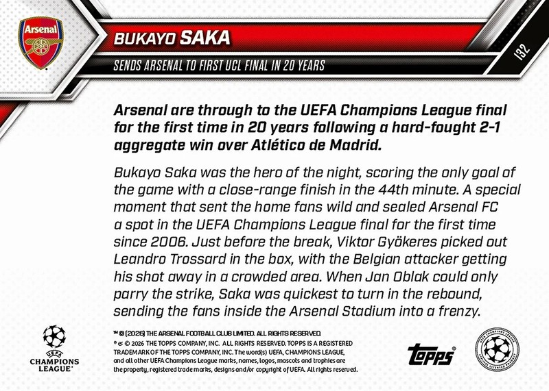 Bukayo Saka 2025-26 UCL Topps Now #132 Arsenal - Presale view 2