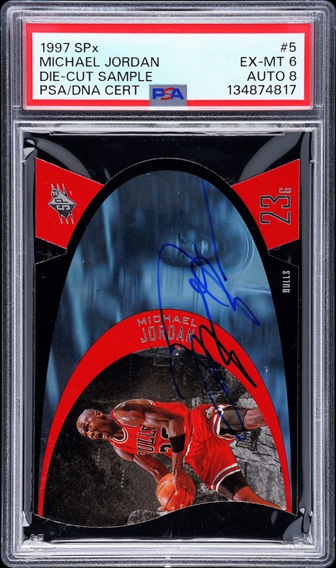 1997 SPX DIE-CUT SAMPLE #5 MICHAEL JORDAN PSA 6 AUTO 8