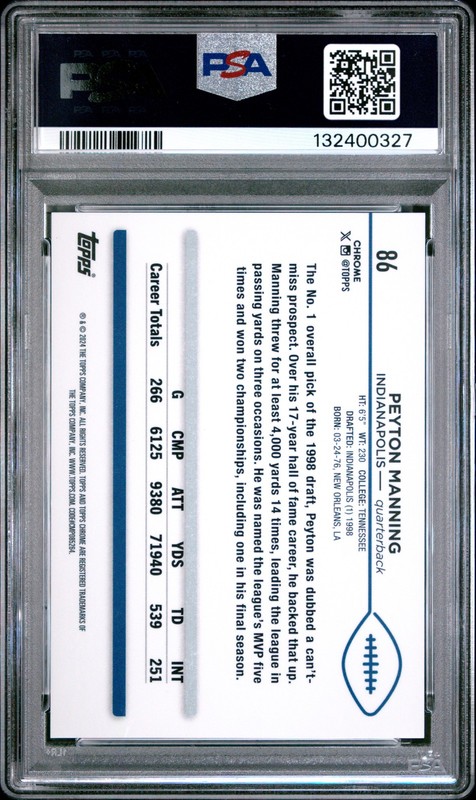 2024 TOPPS CHROME SAPPHIRE PURPLE #86 PEYTON MANNING 4/10 PSA 9 view 2