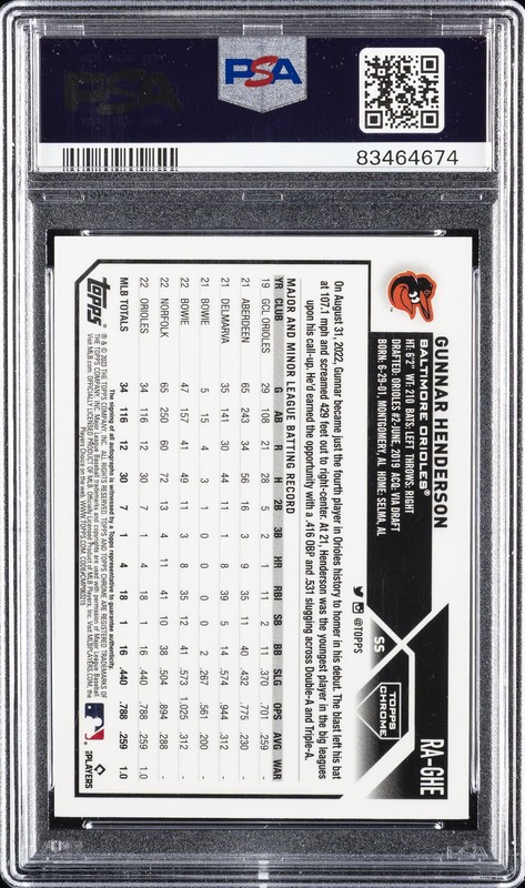 2023 TOPPS CHROME ROOKIE AUTO #RAGHE GUNNAR HENDERSON 64/299 PSA 9 AUTO 10 view 2