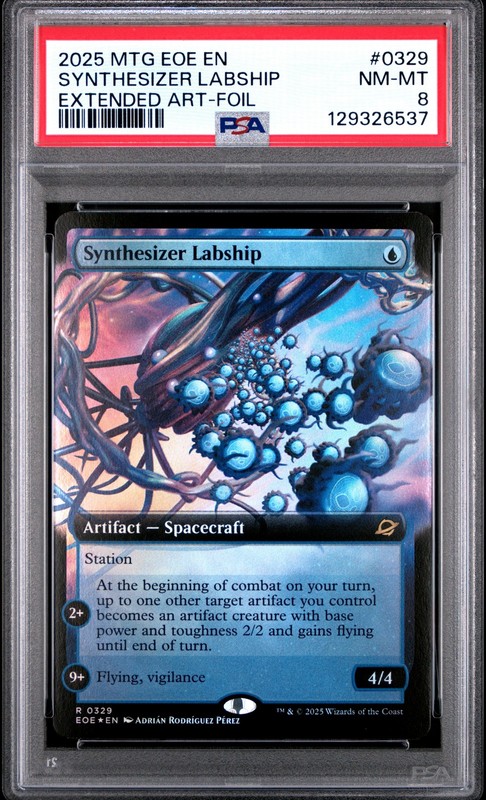 2025 MTG EDGE OF ETERNITIES EXTENDED ART-FOIL #0329 SYNTHESIZER LABSHIP PSA 8