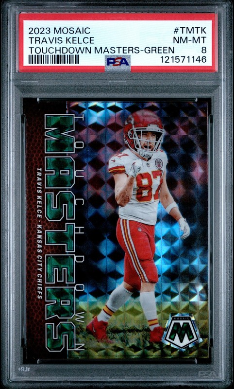 2023 PANINI MOSAIC TOUCHDOWN MASTERS GREEN #TMTK TRAVIS KELCE PSA 8