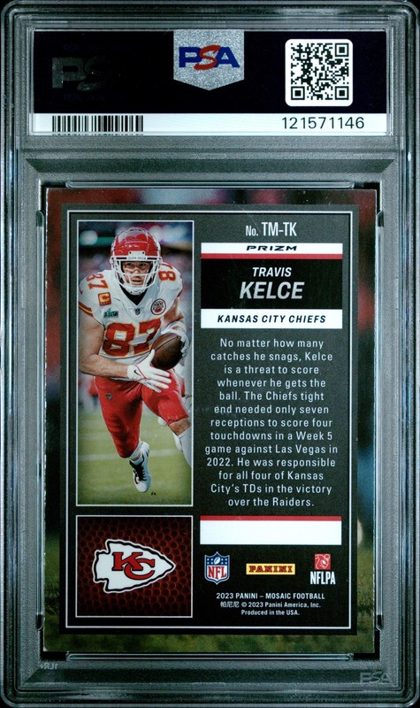 2023 PANINI MOSAIC TOUCHDOWN MASTERS GREEN #TMTK TRAVIS KELCE PSA 8 view 2