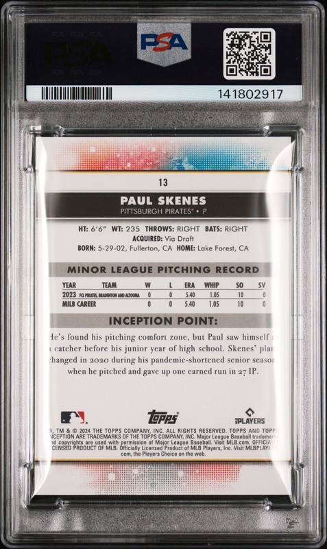 2024 TOPPS INCEPTION #13 PAUL SKENES PSA 10 view 2