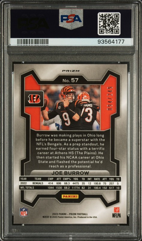 2023 PANINI PRIZM ORANGE PRIZM #57 JOE BURROW 94/249 PSA 10 view 2