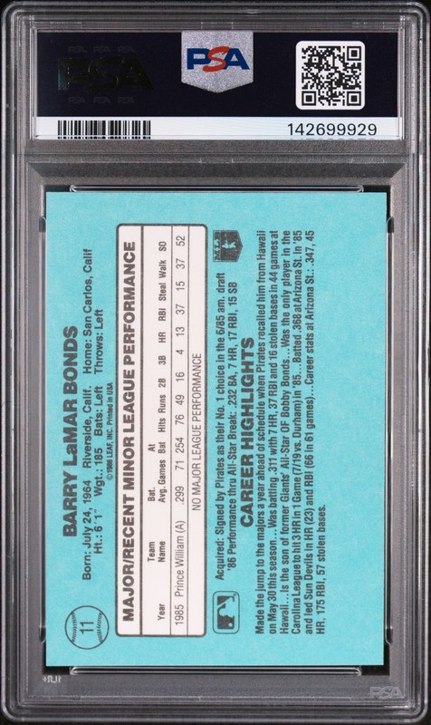 1986 DONRUSS ROOKIES #11 BARRY BONDS ROOKIE RC PSA 9 view 2