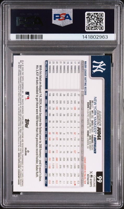2025 TOPPS CHROME REFRACTOR #99 AARON JUDGE PSA 9 view 2