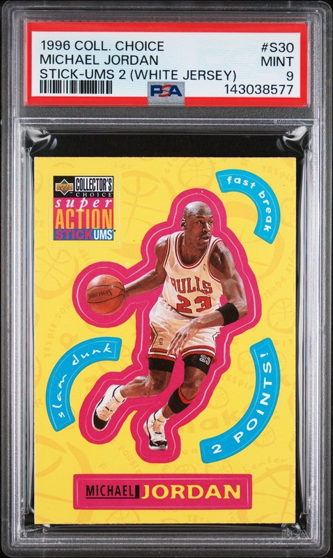 1996 COLLECTOR'S CHOICE STICK-UMS 2 (WHITE JERSEY) #S30 MICHAEL JORDAN PSA 9