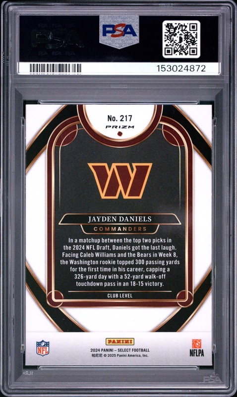 2024 PANINI SELECT BLACK & RED SHOCK #217 JAYDEN DANIELS PSA 10 view 2