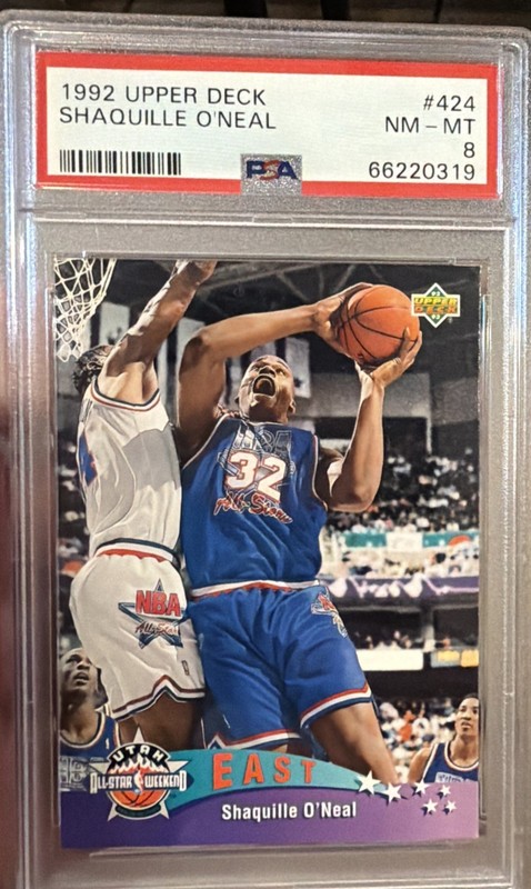 1992 UPPER DECK #424 SHAQUILLE O'NEAL RC MAGIC HOF PSA 8