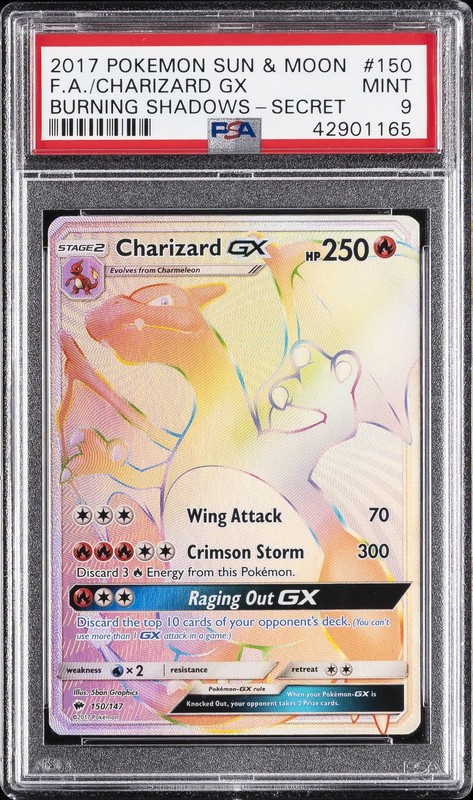 2017 POKEMON SUN & MOON BURNING SHADOWS SECRET #150 FULL ART/CHARIZARD GX PSA 9