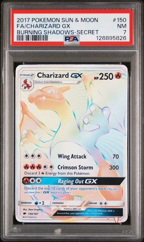 2017 POKEMON SUN & MOON BURNING SHADOWS SECRET #150 FULL ART/CHARIZARD GX PSA 7