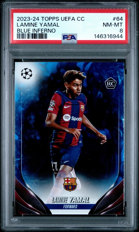 2023-24 TOPPS UEFA CLUB COMPETITIONS BLUE INFERNO #64 LAMINE YAMAL RC /125 PSA 8