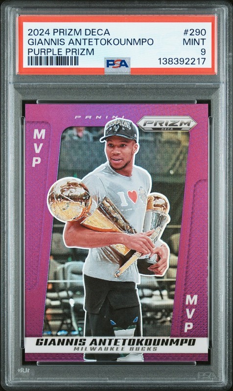 2024 PANINI PRIZM DECA PURPLE PRIZM #290 GIANNIS ANTETOKOUNMPO 50/99 PSA 9