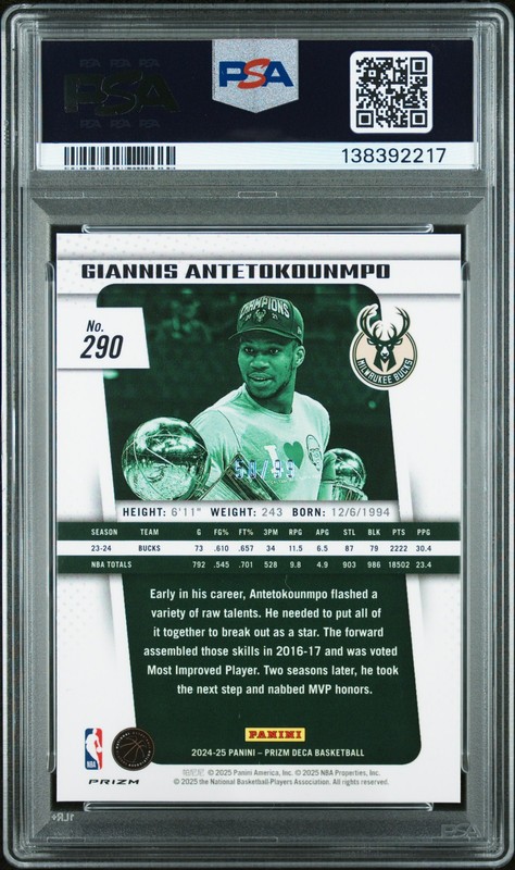 2024 PANINI PRIZM DECA PURPLE PRIZM #290 GIANNIS ANTETOKOUNMPO 50/99 PSA 9 view 2
