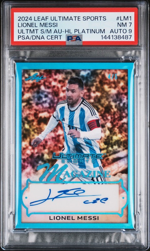 2024 LEAF ULTIMATE SPORTS HOLO PLATINUM #LM1 LIONEL MESSI 4/5 PSA 7 DNA AUTO 9