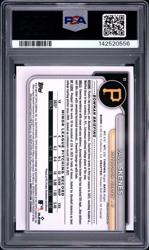 2024 BOWMAN CHROME #31 PAUL SKENES PSA 9 view 2