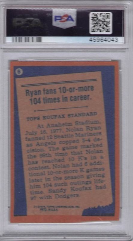 1978 Topps - Nolan Ryan #6 PSA 5 view 2