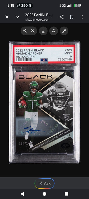 2022 Panini Black Rookies Ahmad Gardner RC Auto /149 #103 Jets PSA 9 73607145