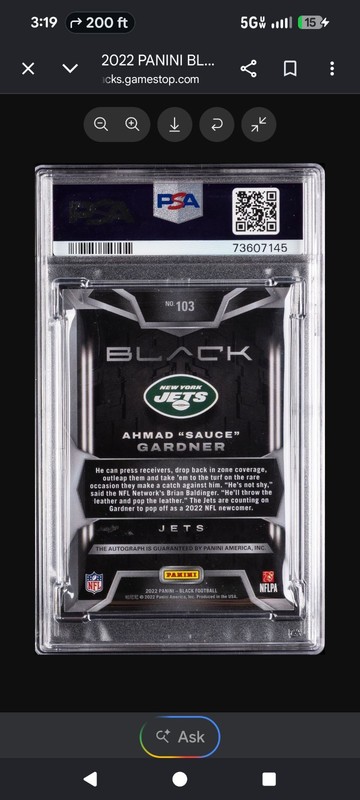 2022 Panini Black Rookies Ahmad Gardner RC Auto /149 #103 Jets PSA 9 73607145 view 2