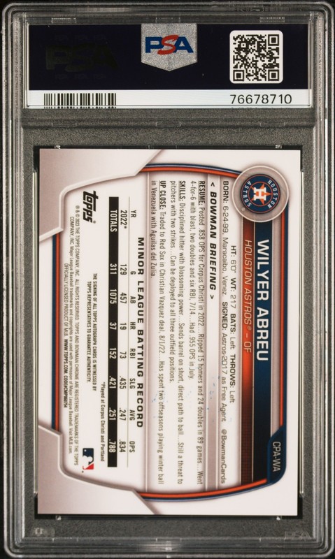 2023 BOWMAN CHROME PROSPECT AUTOS ORANGE REFRACTOR WILYER ABREU 8/25 PSA 10 AUTO view 2