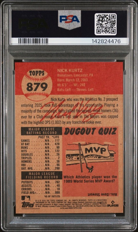 2025 Topps Living Set Nick Kurtz Rookie Card #879 PSA 10 view 2