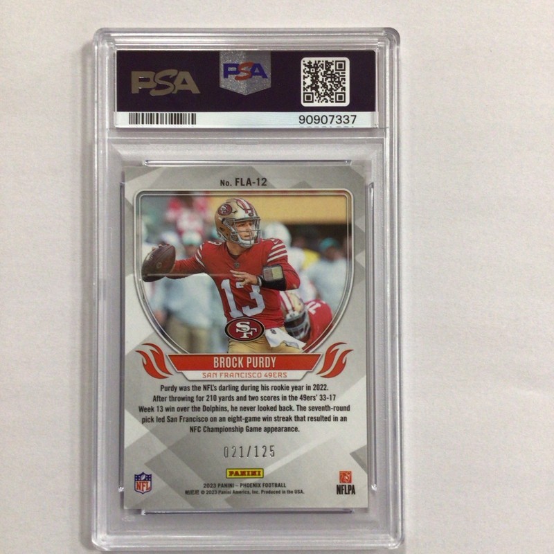 2023 Panini Phoenix - Flame Throwers Brock Purdy #FLA-12 Purple /125 view 2