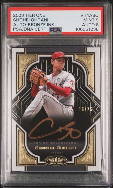 2023 TOPPS TIER ONE AUTOS BRONZE INK #T1ASO SHOHEI OHTANI 16/25 PSA 9 AUTO 8