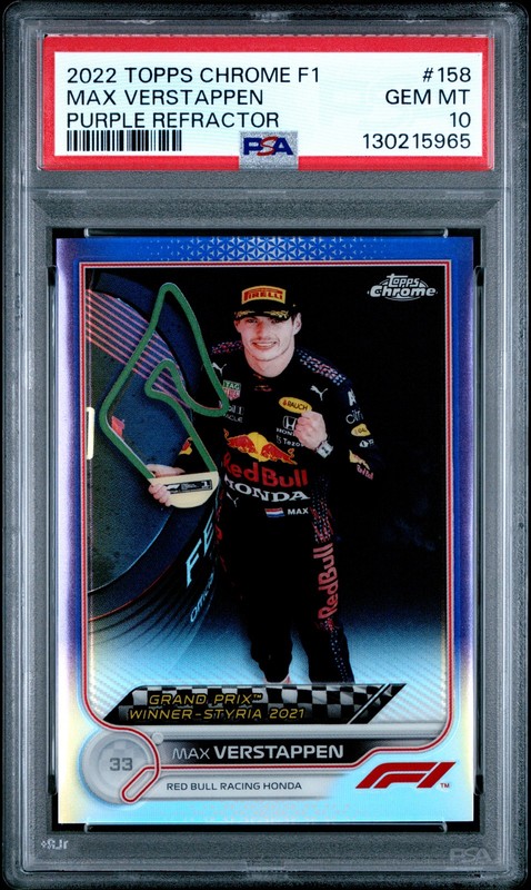 2022 TOPPS CHROME FORMULA 1 PURPLE REFRACTOR #158 MAX VERSTAPPEN 85/399 PSA 10