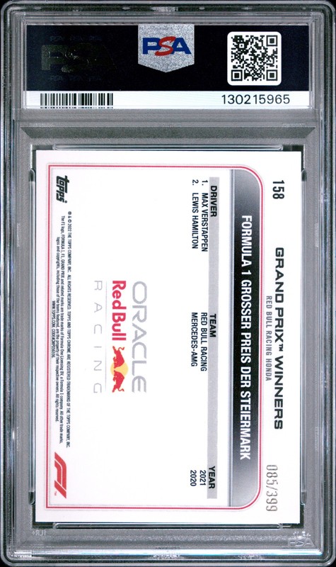 2022 TOPPS CHROME FORMULA 1 PURPLE REFRACTOR #158 MAX VERSTAPPEN 85/399 PSA 10 view 2