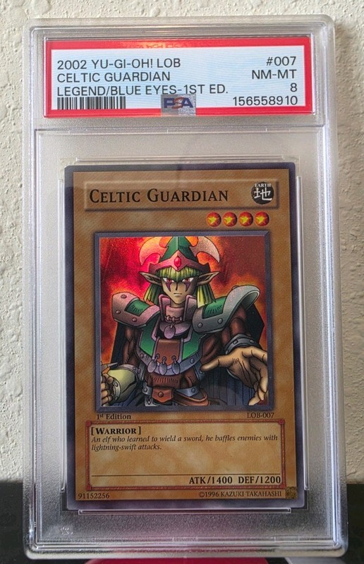 2002 YU-GI-OH LOB-LEGEND OF BLUE EYES WHITE DRAGON #007 CELTIC  GUARDIAN PSA 8