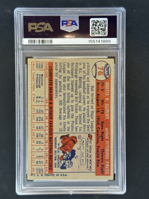 ROBERTO BOB CLEMENTE  PSA 3 CENTERED 1957 Topps #76 HOF Pittsburgh Pirate view 2