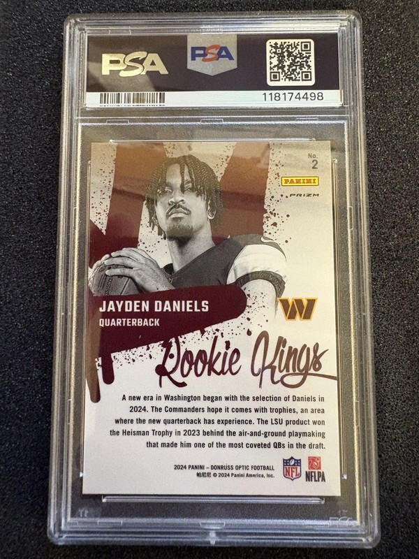 2024 Donruss Optic Jayden Daniels RC Rookie Kings PSA 10 Commanders view 2