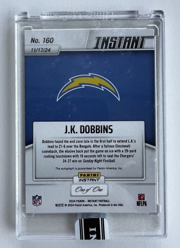 2024 Panini Instant 1/1 J.K. Dobbins AUTO BLUE VIPER Chargers/Broncos - Sealed view 2