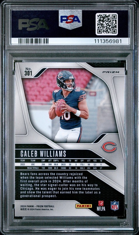 2024 PANINI PRIZM DISCO PRIZM #301 CALEB WILLIAMS PSA 10 view 2