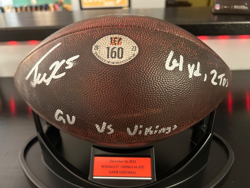 Tee Higgins Auto Game Used Football Bengals v Vikings COA JOE MIXON TD view 2